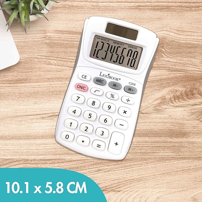 Lexibook - 8 Digit Pocket Calculator - Basic and Memory Function - Soft Silicone Keys for Office, School, Home - Solar & Batteries - White/Gray - C208