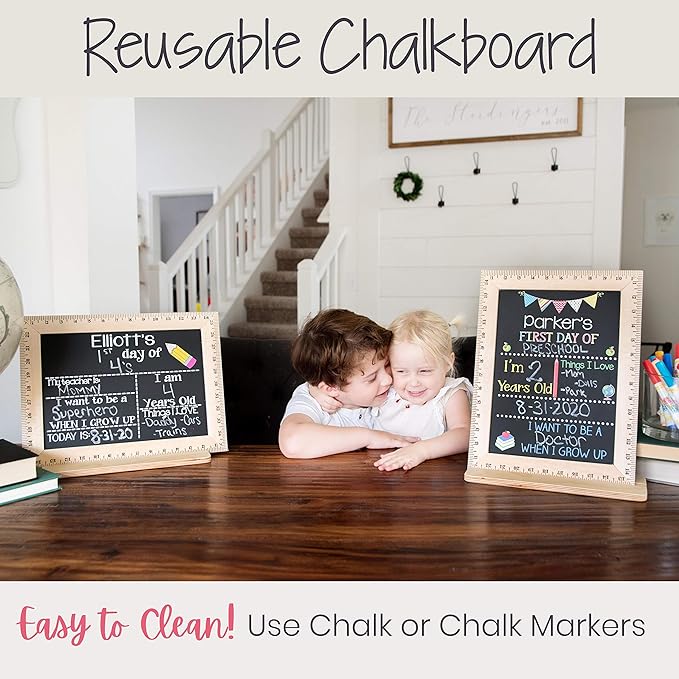 First Day of School Sign (15"x11.5"), Easy-to-Clean with Real Wooden Ruler Frame, Handmade in USA by Bloom Owl, Perfect for Back to School Framed Chalkboard, 1st Day of Kindergarten, Pencil Design