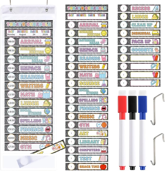 Daily Schedule Chart Composition Notebook Classroom Decor 15+1 Pockets Visual Scheduling Chart with 30 Reusable Cards 3 Erasable Pens and 2 Hangers for Teacher School Office Home Preschool Activity