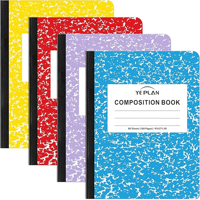 Yeplan Composition Notebooks 4 pack, Wide Ruled Notebook Paper, 9 3/4" x 7 1/2", 80 Sheets/160 Pages, Aesthetic Marble Composition Notebook for School & Office Supplies (4, Assorted Colors)