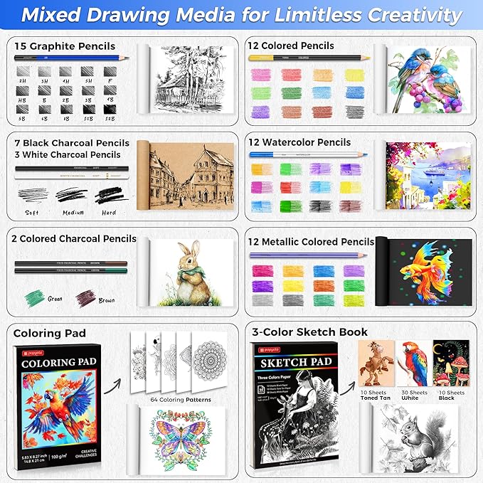 106 Pack Art Supplies Sketching Kit with 3-Color Sketchbook, Coloring Book, Tutorial, Graphite Colored Charcoal Watercolor & Metallic Pencils, Drawing Supplies Gift Case for Artists Beginners Adults