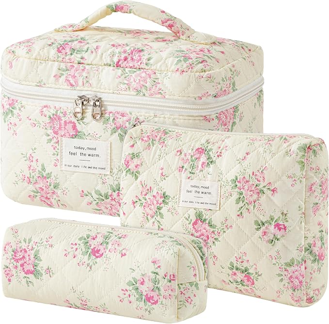 HBselect Quilted Makeup Bag, 3Pcs Cotton Large Travel Makeup Bags Organizer | Cute Floral Make up Bag Cosmetic Bag Toiletry Bag for Women Girls, Makeup Pouch for Skincare, Brushes & Travel Essentials