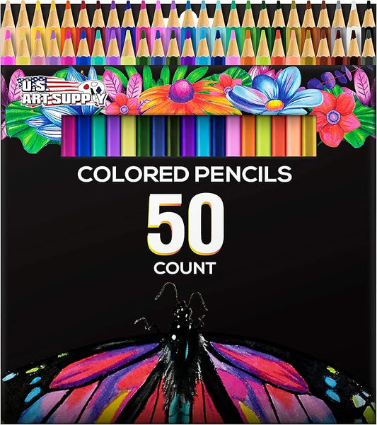 U.S. Art Supply 50 Piece Adult Coloring Book Artist Grade Colored Pencil Set -Vibrant Colors, Smooth Art Drawing, Sketching, Shading, Blending - Fun Activities for Students, Beginners, All Ages