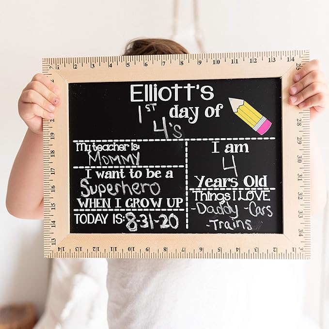 First Day of School Sign (15"x11.5"), Easy-to-Clean with Real Wooden Ruler Frame, Handmade in USA by Bloom Owl, Perfect for Back to School Framed Chalkboard, 1st Day of Kindergarten, Pencil Design