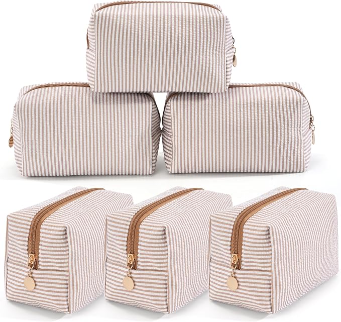 6PCS Makeup Bag Travel Toiletry Bag for Women, Small Cosmetic Bags Cute Brown Stripe Aesthetic Organizer Makeup Pouch for Purse Emergency Bag Pencil Case Accessory Bag