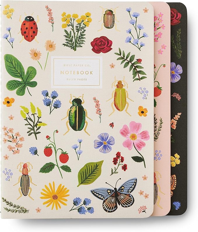 RIFLE PAPER CO. Curio Stitched Notebook Set, Assorted Set of 3 Colorful Notebooks, 64 Ruled Pages with Gold Ink, Full Color Canvas Cover with White Text Paper Interior (6" W × 8.5" L)