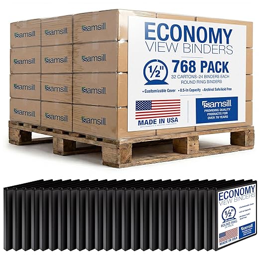 Samsill Economy 0.5 Inch 3 Ring Binder Bulk Pallet, Round Ring Binder, Customizable Clear View Cover, Black, Pallet of 768 Binders in 32 Cartons