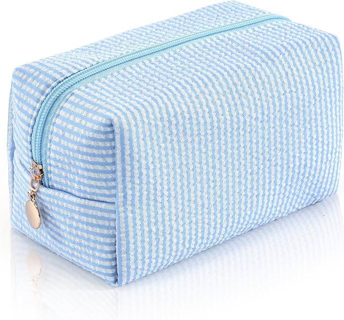Makeup Bag Travel Toiletry Bag for Women, Small Cosmetic Bags Cute Light Blue Stripe Aesthetic Organizer Makeup Pouch for Purse Emergency Bag Pencil Case Accessory Bag