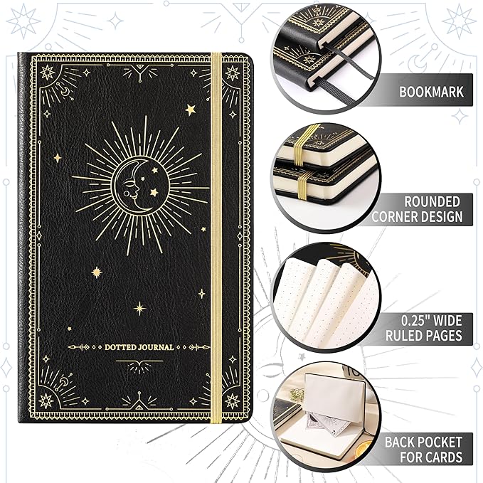 Artfan Dotted Journal/Notebook - Dot Grid Hard Cover Notebook, Premium Thick Paper with Fine Inner Pocket, Black Smooth Faux Leather, Pen Loop, 5.8''×8.4'' - Black
