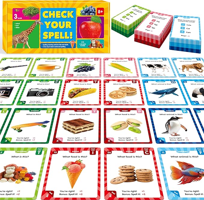 270 PCS Spelling Checking Flashcards, Learn Words & Check Spelling Game, Realistic Animals/Foods/Daily Life Necessities Cards, Educational Tool Word Learning for Kids, Students Aged 8+