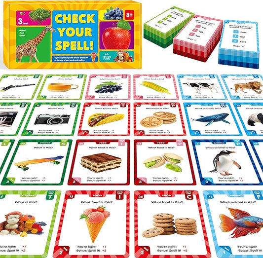 270 PCS Spelling Checking Flashcards, Learn Words & Check Spelling Game, Realistic Animals/Foods/Daily Life Necessities Cards, Educational Tool Word Learning for Kids, Students Aged 8+