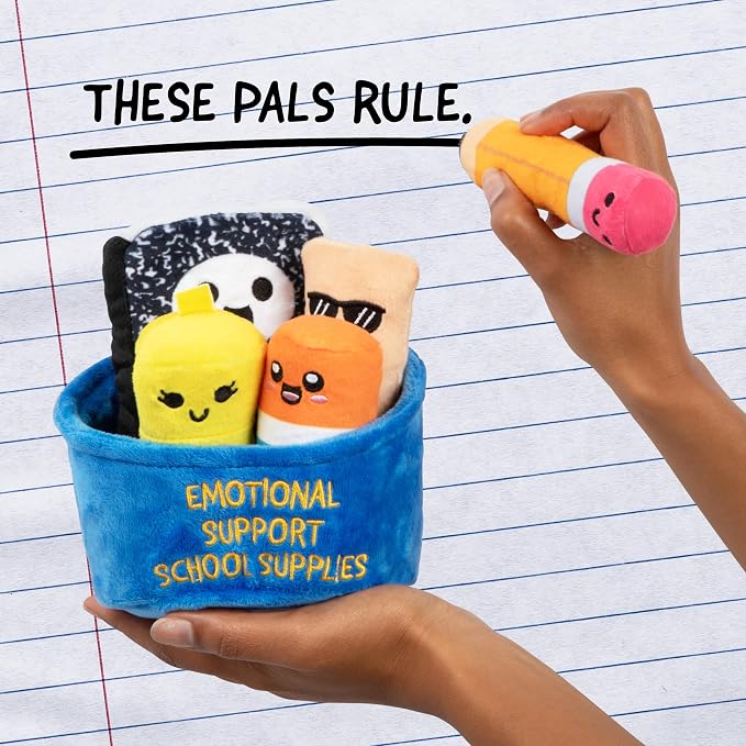 Emotional Support School Supplies Plush by Relatable - Cute Stuffed Animals and Squishy Toys, Fun Back to School Gifts for All Ages and Teacher Gifts - Includes 5 Plushies with Carrying Basket