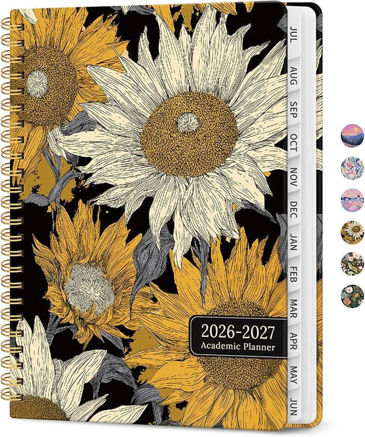 Planner 2026–2027, Academic Monthly Weekly Spiral Calendar, July 2026 – June 2027, Hardcover Agenda Notebook with Tabs, 6.3" x 8.5", Perfect for Students, Teachers, School & Daily Planning - Nocturne Sunflowers