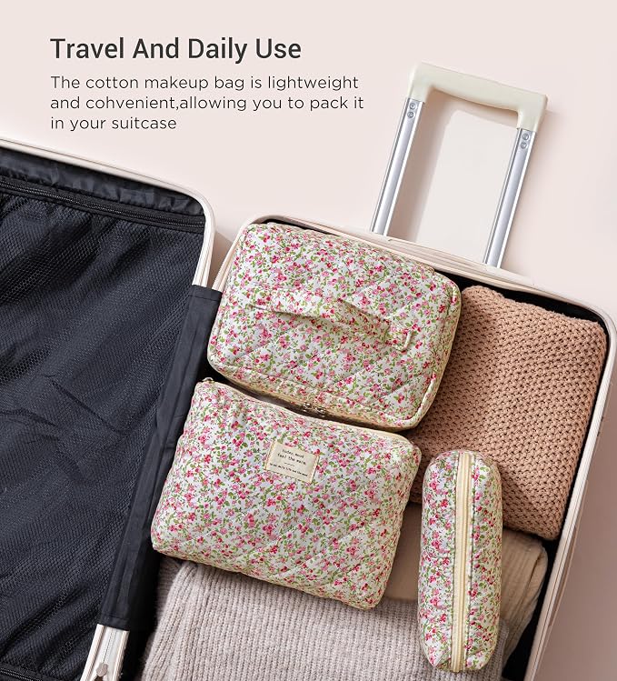 HBselect Quilted Makeup Bag, 3Pcs Cotton Large Travel Makeup Bags Organizer | Cute Floral Make up Bag Cosmetic Bag Toiletry Bag for Women Girls, Makeup Pouch for Skincare, Brushes & Travel Essentials