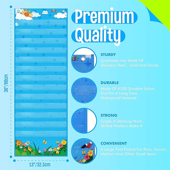 Daily Schedule Pocket Chart, Classroom Chart with 13+1 Pockets, 26 Reusable Cards (13 Double Sided Printed Cards & 13 Blank Ones) plus 2 Metal Mounting Hangers (Blue Sky, 13” x 36”)