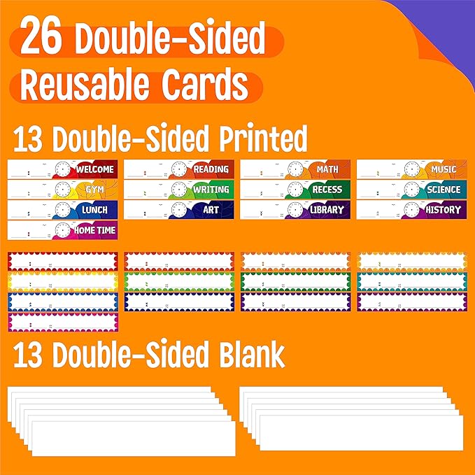 Daily Schedule Pocket Chart, Classroom Chart with 13+1 Pockets, 26 Reusable Cards (13 Double Sided Printed Cards & 13 Blank Ones) plus 2 Metal Mounting Hangers (Blue Sky, 13” x 36”)
