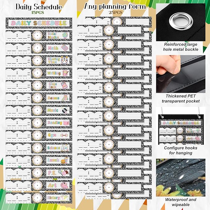 Chiisong Daily Schedule Pocket Chart, Boho 14+1 Pocket, with 40 Pcs Reusable Dry Eraser Cards Calendar for Classroom Toddler Schedule Chart Office Home Activity(Black and White Stylish)