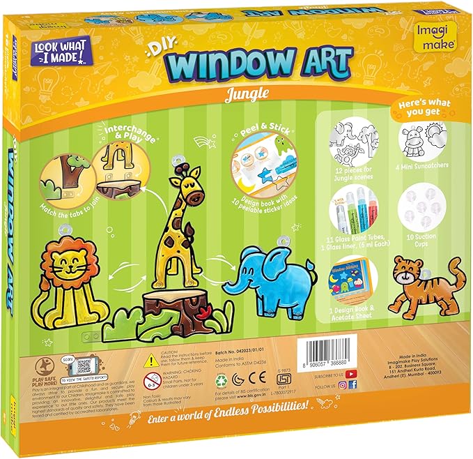Imagimake Window Art Jungle | 16-Piece Glass Paint & Suncatcher Kit | Craft & Discover Animals | Art Kit for Kids| 5 Year Old Boy Gifts | Birthday Gifts for Boys & Girls Ages 5,6,7,8,9,10,11,12
