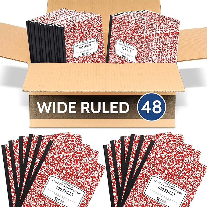 48 Pack - EPI Wide Ruled Marble Composition Notebook - Red 200 Page Note Book - 9.75 x 7.5 Inch Hardcover Journal with Sewn Binding for Secure Pages - Classroom Back to School Supplies