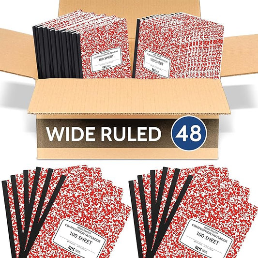 48 Pack - EPI Wide Ruled Marble Composition Notebook - Red 200 Page Note Book - 9.75 x 7.5 Inch Hardcover Journal with Sewn Binding for Secure Pages - Classroom Back to School Supplies