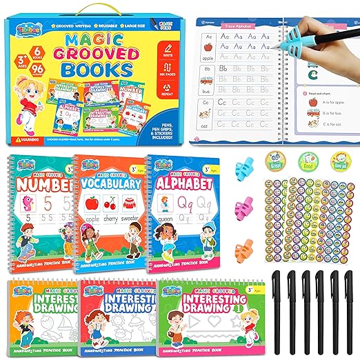 Magic Grooved Writing Practice for Kids Ages 3–8, Reusable Handwriting Workbooks with Deep Tracing Grooves – Letters, Numbers, Math & Drawing – Disappearing Ink Pens & Grips – Great Gifts for Kids