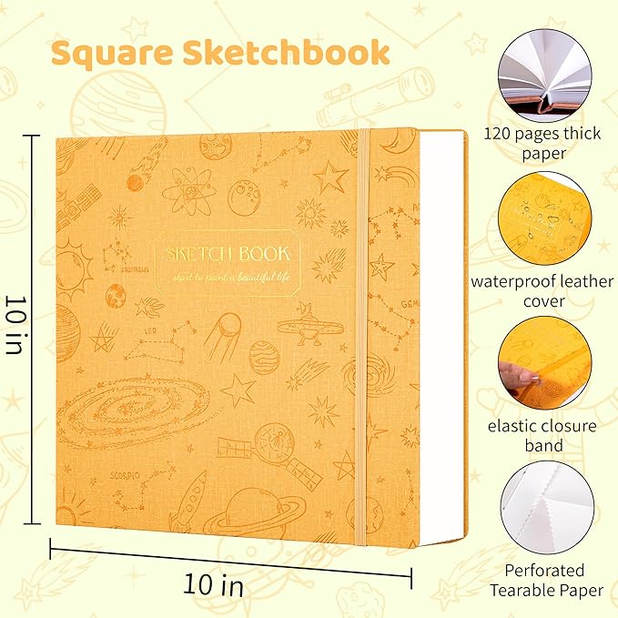 FLYING EAGLE Sketch Book for Kids 10"X 10" Large Hardcover Sketchbook for Drawing 120GSM Thick Paper, Square Art Drawing Paper 120 Pages Sketch Pad for Boys Girls Teens,Gift Boxed, Yellow