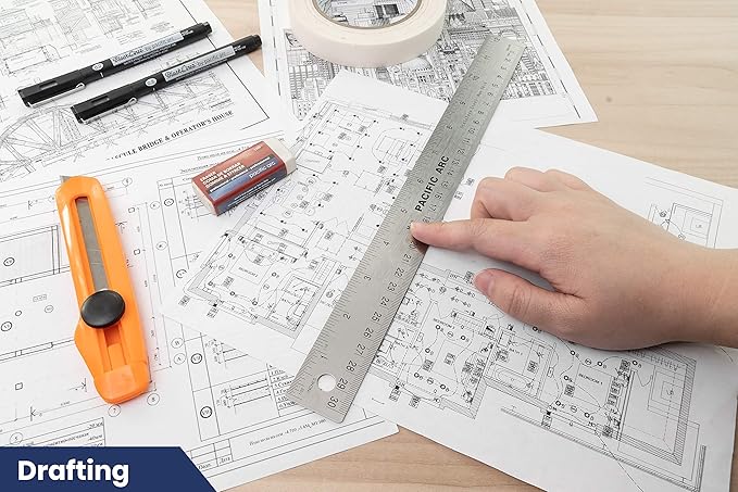 Pacific Arc Stainless Steel 12 Inch Metal Ruler Non-Slip Cork Back, with Inch and Metric Graduations