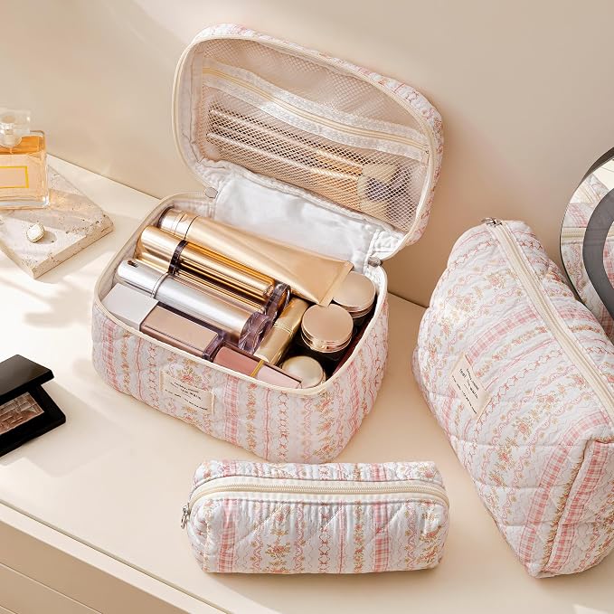 HBselect Quilted Makeup Bag, 3Pcs Cotton Large Travel Makeup Bags Organizer | Cute Floral Make up Bag Cosmetic Bag Toiletry Bag for Women Girls, Makeup Pouch for Skincare, Brushes & Travel Essentials