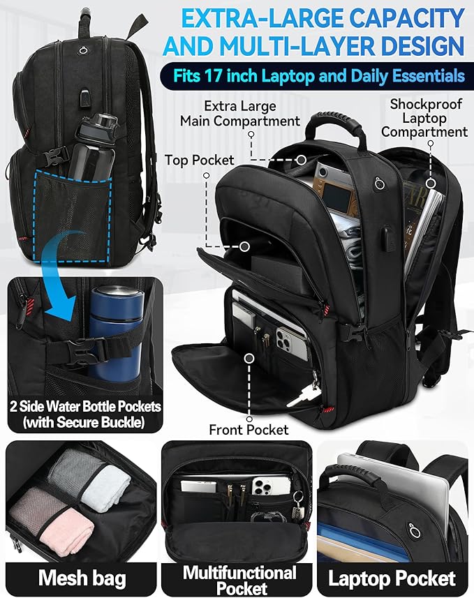 ProEtrade Travel Backpack, Extra Large Laptop Backpack School Business Anti Theft TSA Approved College Work Computer Bag Fits 17 Inch Laptop with USB Charging Port Bookbag for Women Men(Black)