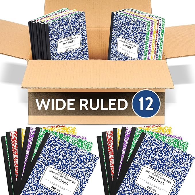 12 Pack - EPI Wide Ruled Marble Composition Notebook - Assorted Colors 200 Page Note Book - 9.75 x 7.5 Inch Hardcover Journal with Sewn Binding for Secure Pages - Classroom Back to School Supplies