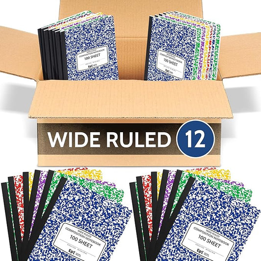 12 Pack - EPI Wide Ruled Marble Composition Notebook - Assorted Colors 200 Page Note Book - 9.75 x 7.5 Inch Hardcover Journal with Sewn Binding for Secure Pages - Classroom Back to School Supplies