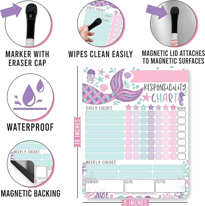 Hadley Designs Magnetic Chore Chart for Kids – Reward Chart for Kids, Dry Erase Responsibility Board for Children at Home, Fridge Behavior Tracker for Daily & Weekly Tasks, Mermaid Toddler Chore Board