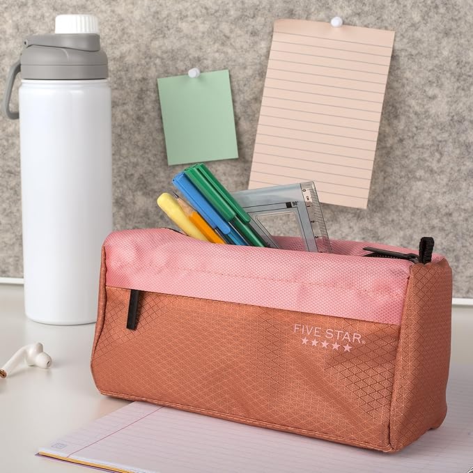 Five Star Pencil Pouch, Pen Case, 9-Pocket Zipper Pouch, Storage Organizer for School Supplies Earbuds Chargers Cables Makeup, Pink/Terracotta (500213F-ECM) (Pack of 12)