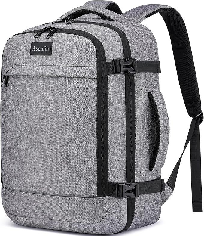 Asenlin Travel Backpack for Women Men,Flight Approved Carry On Luggage 40L Water Resistant Business Laptop Backpacks Fits TSA 17.3 Inch Computer College Weekender Outdoor Hiking-Grey