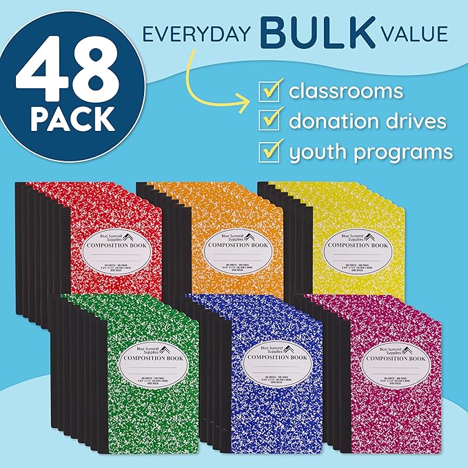 Blue Summit Composition Notebook Bulk, Assorted Color Composition Notebook Wide Ruled Bulk, Marble, 100 Sheets per Book, Bulk 48 Pack