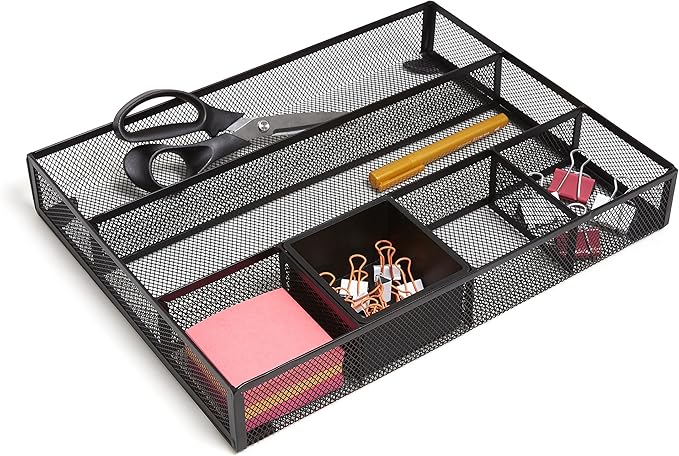 TRU RED Mesh Drawer Organizer, 6‑Compartment, Matte Black – Desk & Drawer Storage for Office Supplies