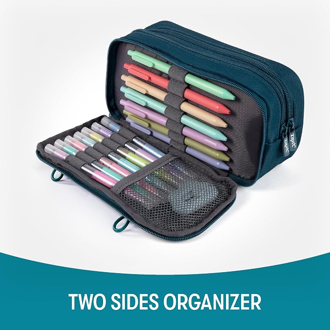 ZIPIT Half & Half Pencil Case, 3-Compartment Aesthetic Zipper Pouch, Teal | Clear-front pencil case for school, dedicated organizer panels, holds up to 70 pens & pencils, durable easy-care polyester