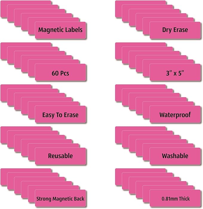 IMAGAME Magnetic Dry Erase Magnets Labels 3x1 inches, Reusable Name Tags, Organizing Schedules in Office/Classroom. Work on Fridge/White Board (Pink 60Pcs)