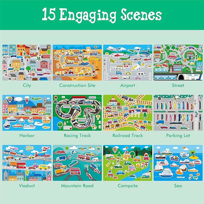 Sticker Activity Book, 690 Reusable Stickers, 15 Dry-Erase Scenes & 16 Fun Games, Side By Side Vehicle-Themed Activity Book, Educational Hands-on Travel Game - Great for Toddlers, Kids, Boys & Girls