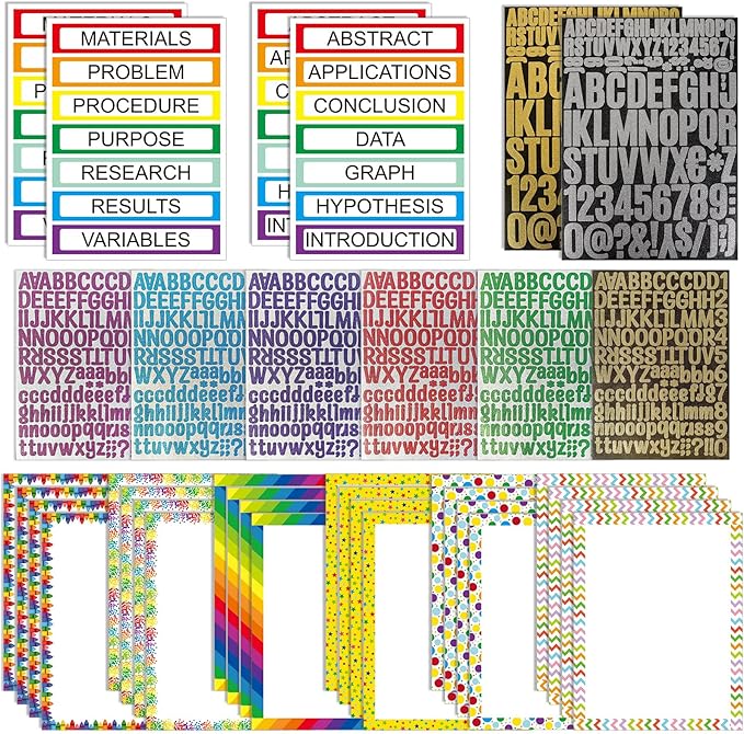 PerKoop 36 Sheets Science Fair Board Poster Boards Supplies 24 Self Adhesive Presentation Subtitles 4 Science Fair Project Titles 8 Personalized Letter Sticker for Classroom (Glitter Neon 1)