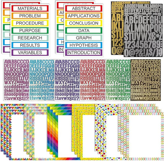 PerKoop 36 Sheets Science Fair Board Poster Boards Supplies 24 Self Adhesive Presentation Subtitles 4 Science Fair Project Titles 8 Personalized Letter Sticker for Classroom (Glitter Neon 1)