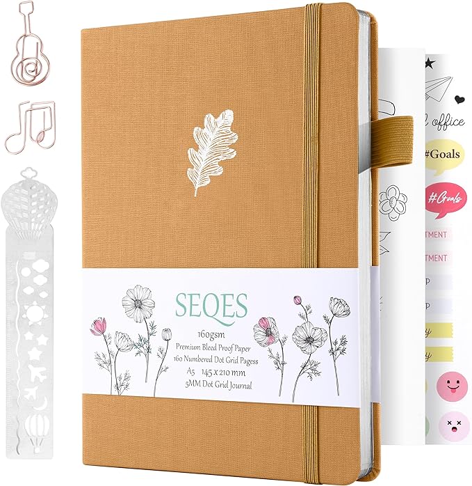 A5 Bullet Dotted Journal Notebook | 160gsm Thick Bleedproof Paper, Lay Flat Binding, 160 Numbered Pages | Hard Cover Dot Grid Notebook/Bullet Journals for Creatives & Professionals(Oak leaves A)