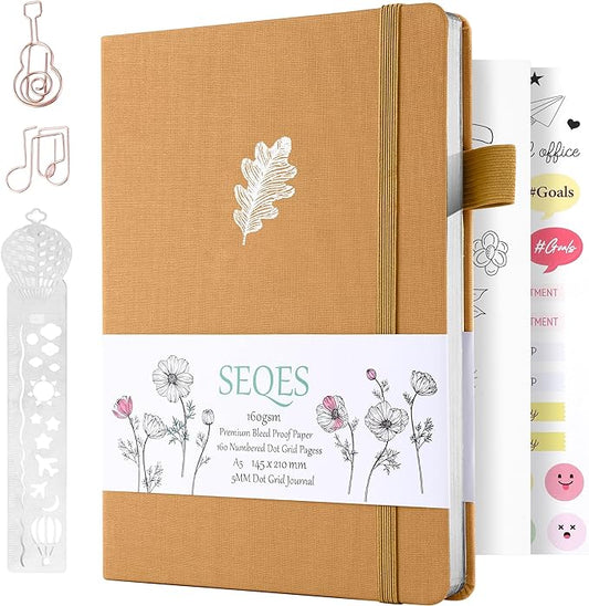 A5 Bullet Dotted Journal Notebook | 160gsm Thick Bleedproof Paper, Lay Flat Binding, 160 Numbered Pages | Hard Cover Dot Grid Notebook/Bullet Journals for Creatives & Professionals(Oak leaves A)