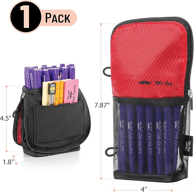 Mr. Pen- Standing Pencil Case Pouch, Sit & Lay Mesh-View Design, Black & Red, Interior Pocket & 2 Elastic Binder Loops, Cute Pencil Case for Girls and Boys