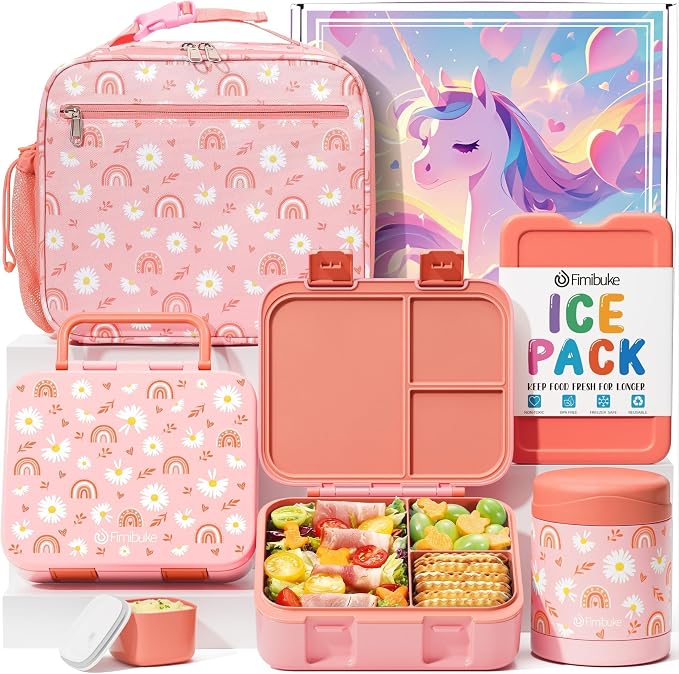 Fimibuke Bento Lunch Box for Kids Toddler Girl with 12OZ Insulated Food Jar | 3-Compartment 32OZ Snack Lunch Container Bento Box, Lunch Bag & Ice Pack Set for Age 3-12 School Daycare Camp, Rainbow Daisy