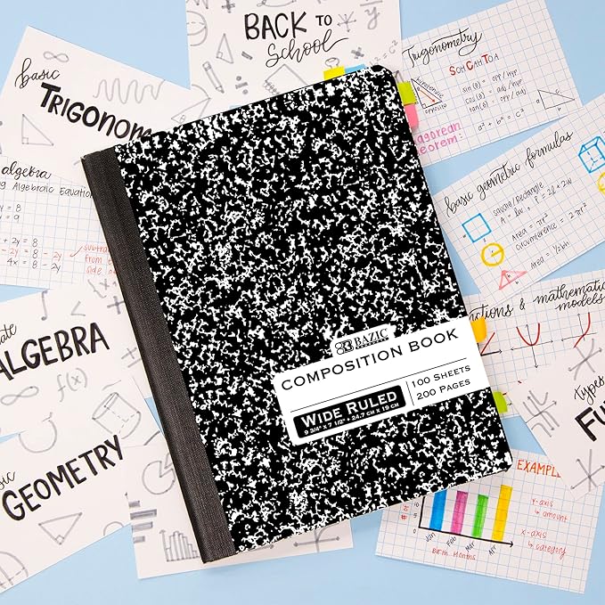 BAZIC Products Wide Ruled Composition Book, 100 Sheets, Black Marble