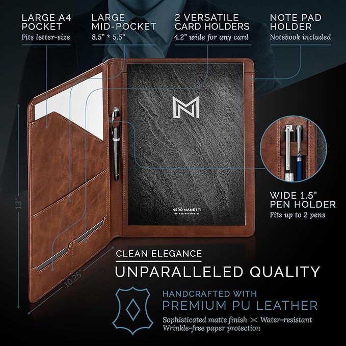 Nero Manetti - Leather Portfolio Folder - Business PU Leather Notepad Holder for Resumes, Legal Pad Executive Binder, Professional Padfolio Notebook for Women/Men (Brown)