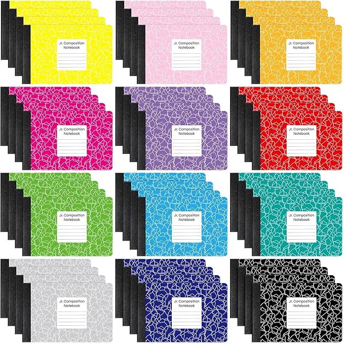 Resurhang 48 Pcs Jr. Composition Notebooks Colored Marble Half Size 4-7/8 x 7-1/2 Inches Composition Notebook 80 Sheet Marble Wide Ruled Assorted Primary Cover Notepad Bulk (Multicolor)