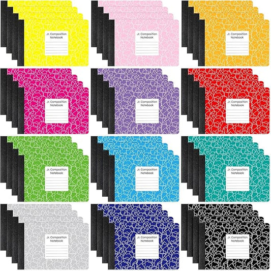 Resurhang 48 Pcs Jr. Composition Notebooks Colored Marble Half Size 4-7/8 x 7-1/2 Inches Composition Notebook 80 Sheet Marble Wide Ruled Assorted Primary Cover Notepad Bulk (Multicolor)