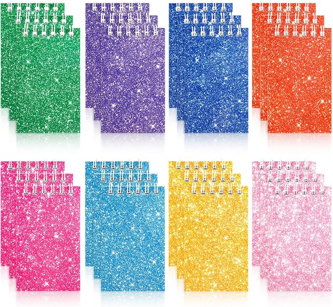 24 Pcs Mini Notebook Party Favor Small Pocket Notebook Colorful Shiny Cover Notebooks Small Spiral Notepad Memo Note Pads for Work Home Office School Classroom Supplies